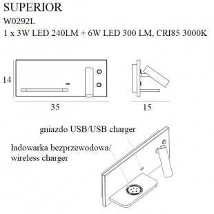 KINKIET SUPERIOR Z GNIAZDEM USB I ŁADOWARKĄ INDUKCYJNĄ BIAŁ  MAXLIGHT