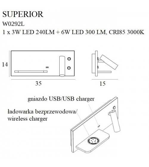 KINKIET SUPERIOR Z GNIAZDEM USB I ŁADOWARKĄ INDUKCYJNĄ BIAŁ  MAXLIGHT