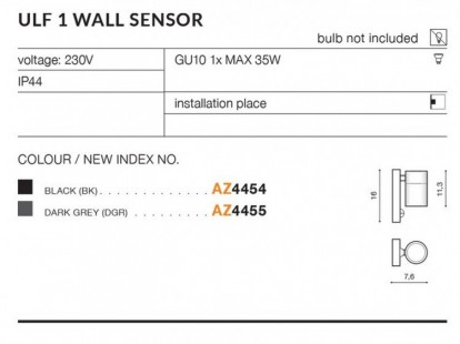 Ulf 1 Wall Sensor  IP44 kinkiet AZzardo Czarny