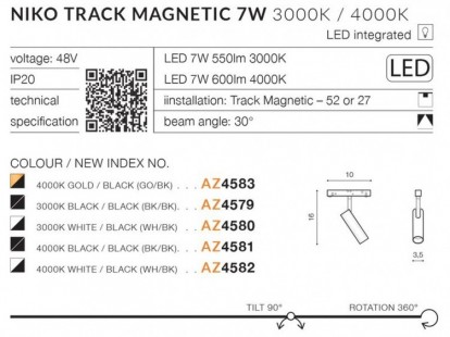 Alfa NIKO TRACK MAGNETIC 7W Biały / Czarny 3000K