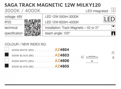 Alfa SAGA 30 TRACK MAGNETIC 12W MILKY120 Czarny 3000K