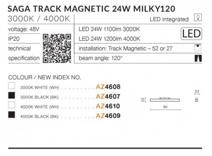 Alfa SAGA 60 TRACK MAGNETIC 24W MILKY120 Biały 3000K
