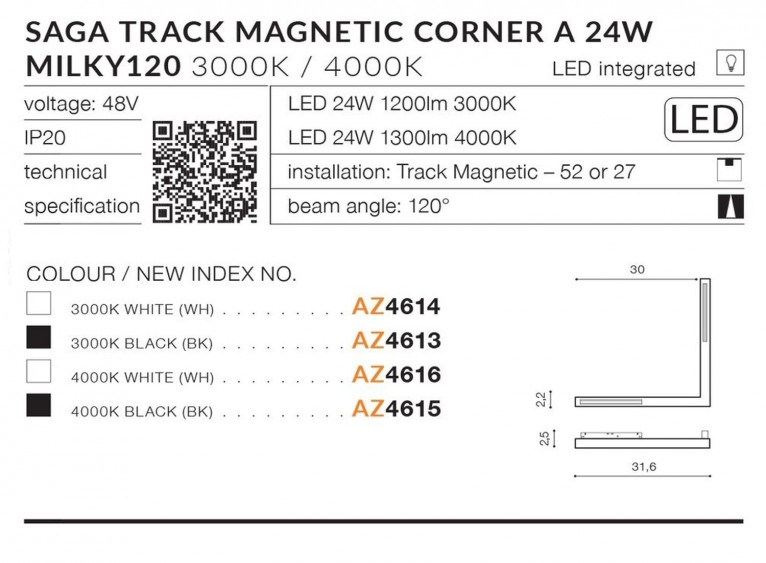 Alfa SAGA 30 TRACK MAGNETIC CORNER A  24W MILKY 120 Czarny 3000K