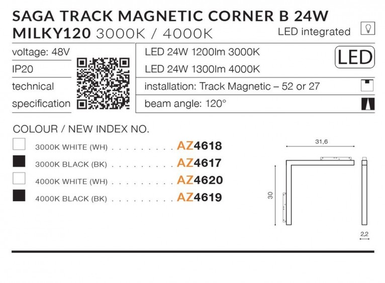 Alfa SAGA 30 TRACK MAGNETIC CORNER B  24W MILKY 120 Biały 3000K