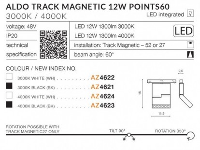 Alfa ALDO TRACK MAGNETIC 12W POINTS 60 Biały / Czarny