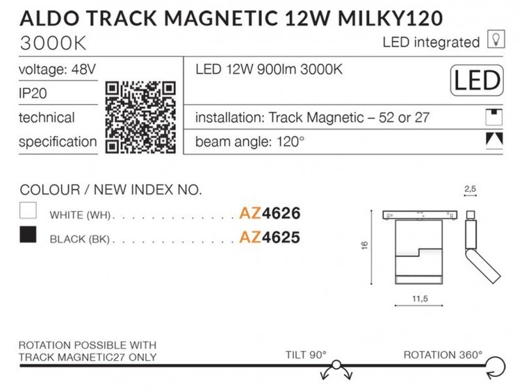 Alfa ALDO TRACK MAGNETIC 12W MILKY 120 Biały