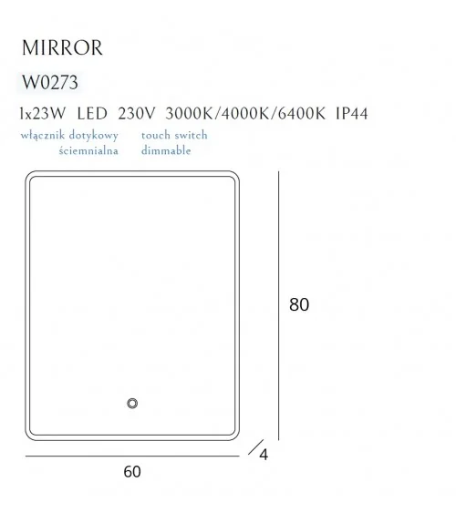 MIRROR  LUSTRO PODŚWIETLANE PROSTOKĄT RECTANGULAR 60x80cm, I  MAXLIGHT