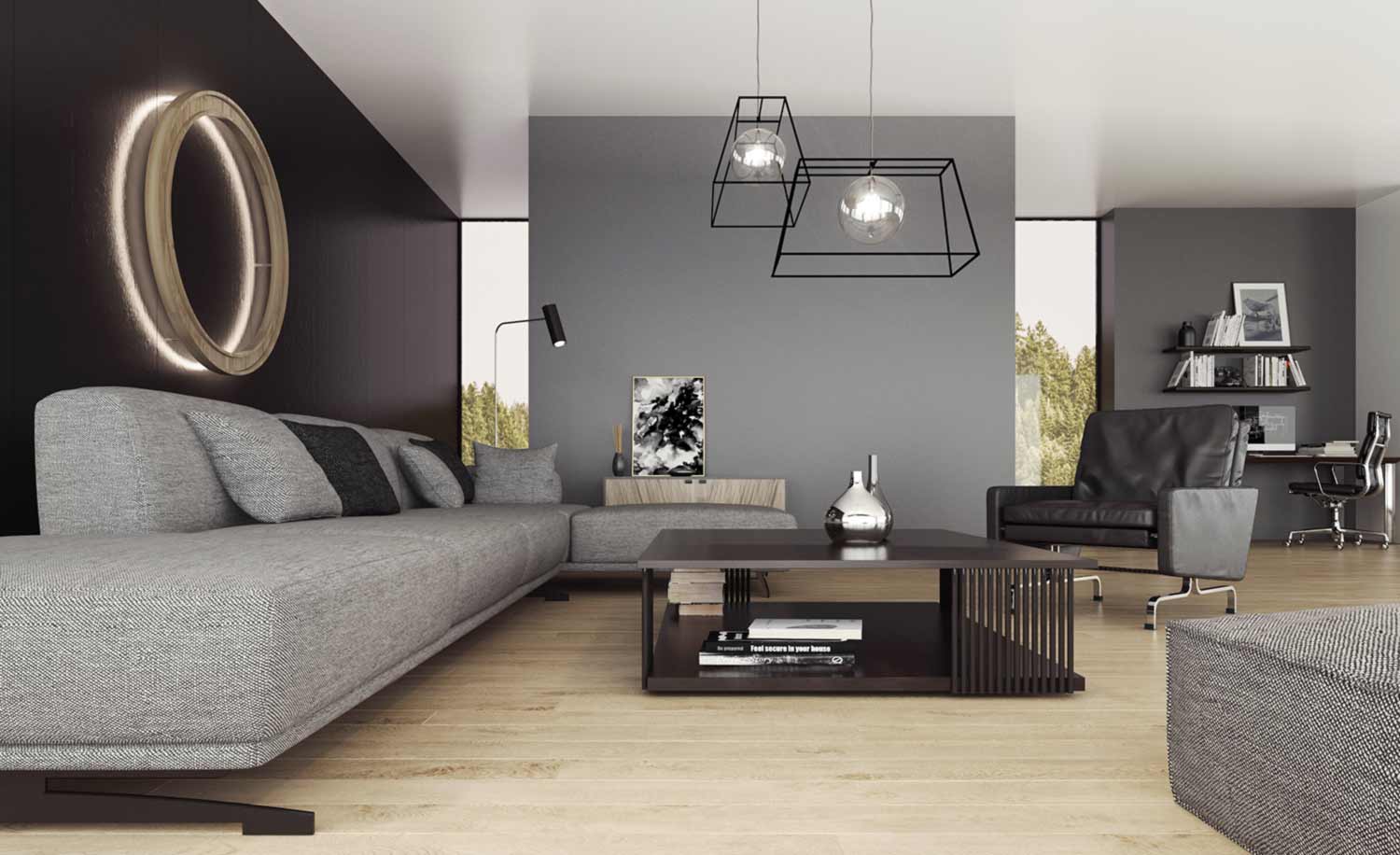 Salon z szarą kanapą lampą wiszącą druciakiem, lampą stołową oraz okrągłym kinkietem LED