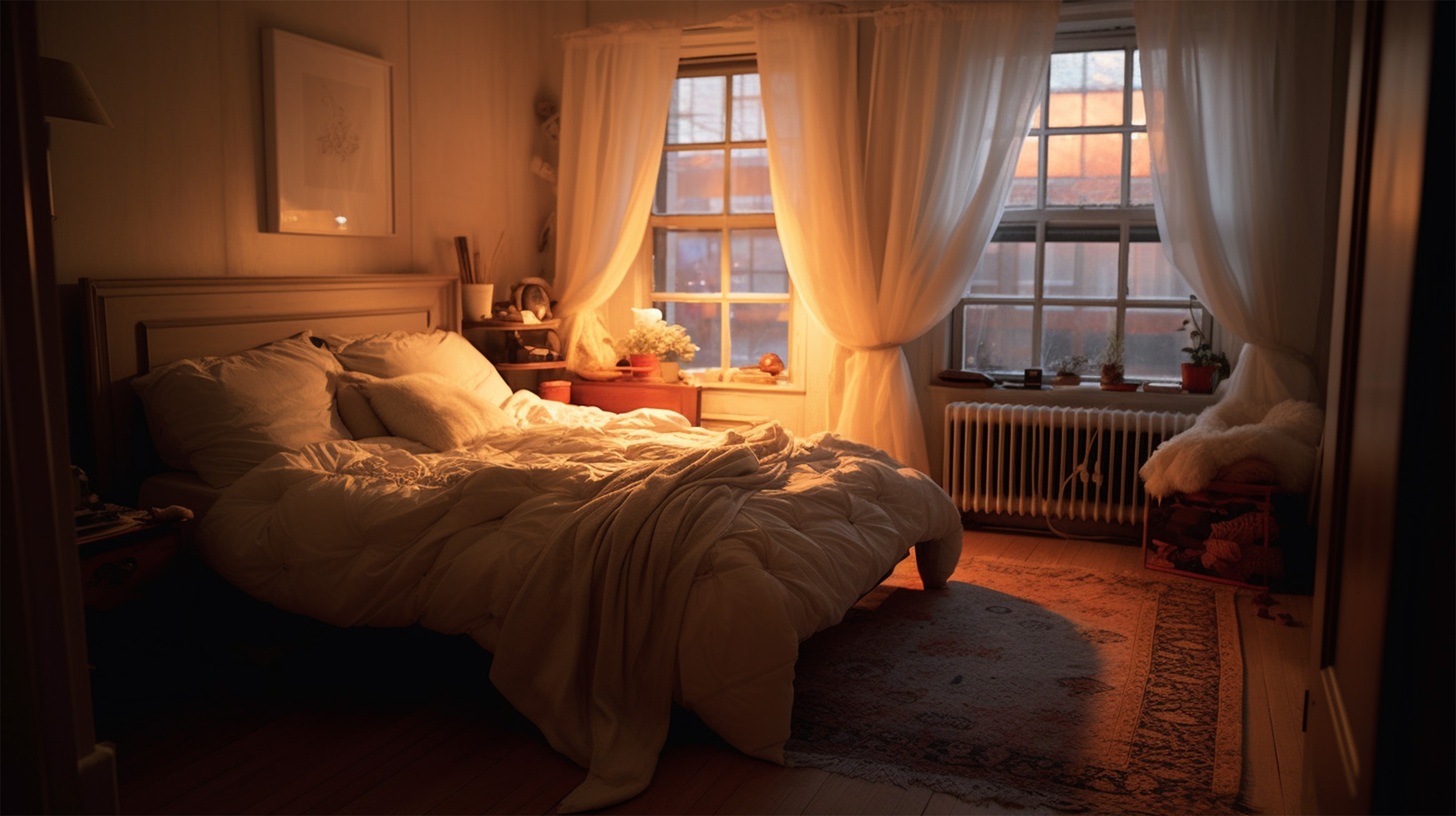 sypialnia z dużym łózkiem, kołdrą i poduszkami, dwoma oknami z zasłonami, delikatnie oświetlona